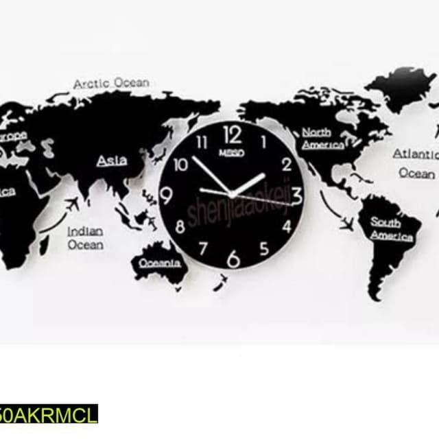 World Map Wall Clock Black Colour